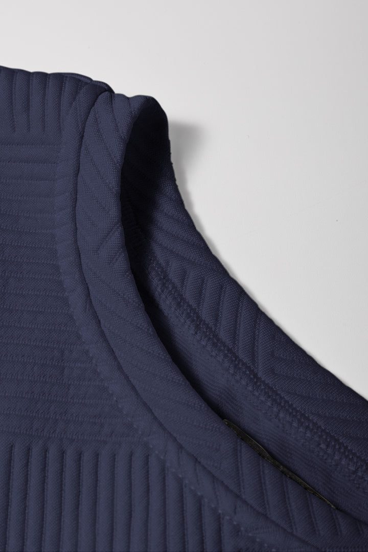 Navy Blue Textured Short Sleeve Top and Shorts Set