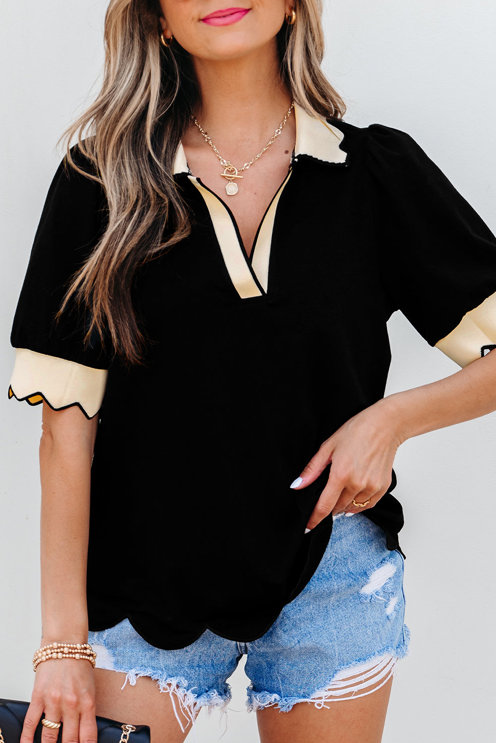color contrast collared v neck puff sleeve blouse