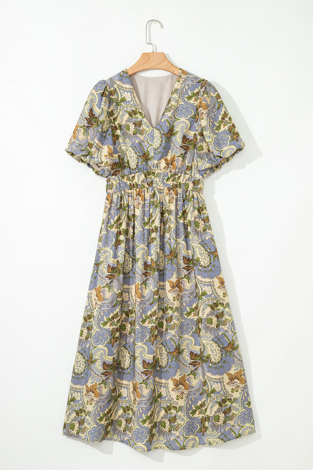 Vintage Floral V Neck Short Puff Sleeve Long Dress