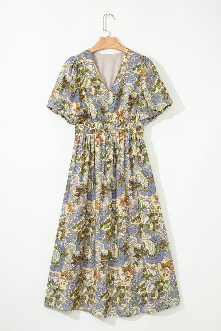 Vintage Floral V Neck Short Puff Sleeve Long Dress