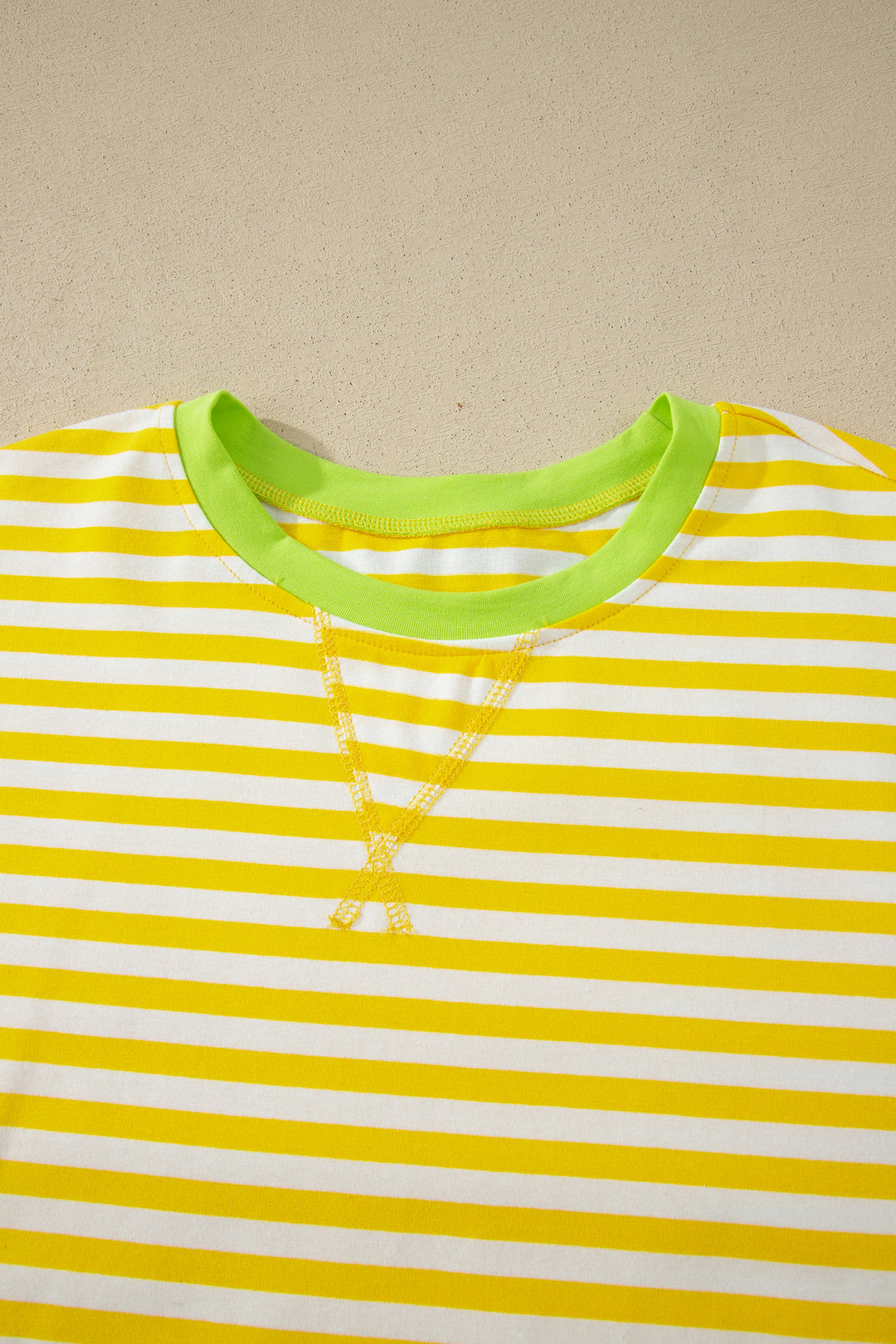 Yellow Stripe Contrast Neck Loose Tee and Drawstring Shorts Set