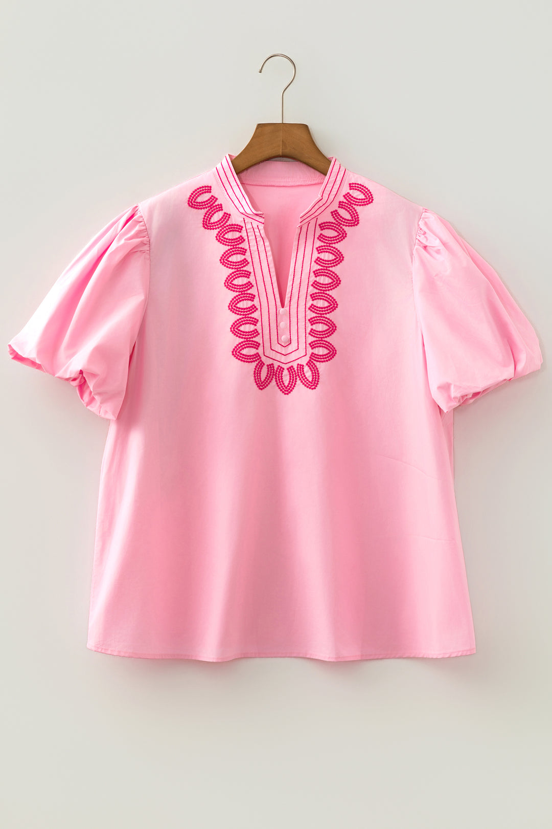 Cute Pink Boho Embroidered Detail Puff Sleeve Cotton Blouse