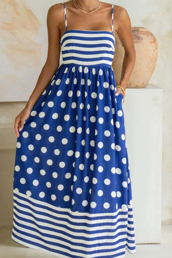 Stylish Blue Striped Polka Dot Waist Casual Maxi Dress