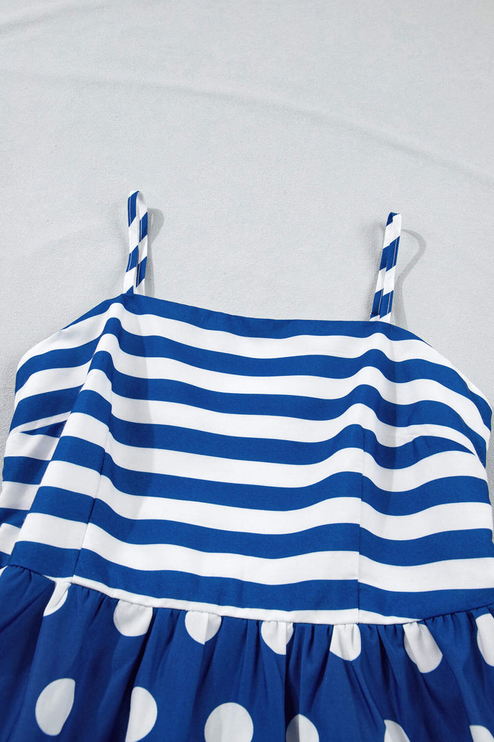 Stylish Blue Striped Polka Dot Waist Casual Maxi Dress