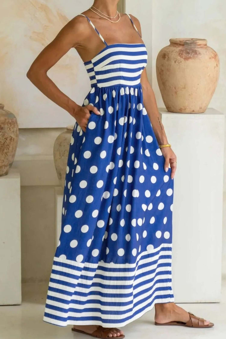 Stylish Blue Striped Polka Dot Waist Casual Maxi Dress