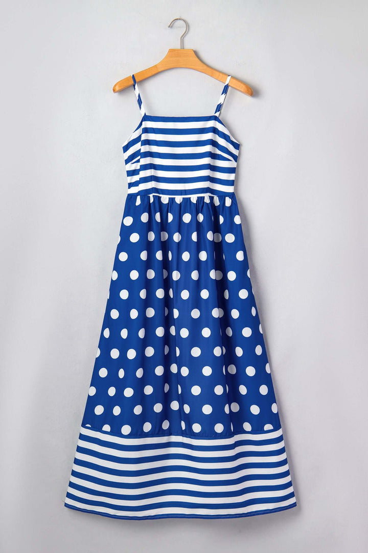 Stylish Blue Striped Polka Dot Waist Casual Maxi Dress