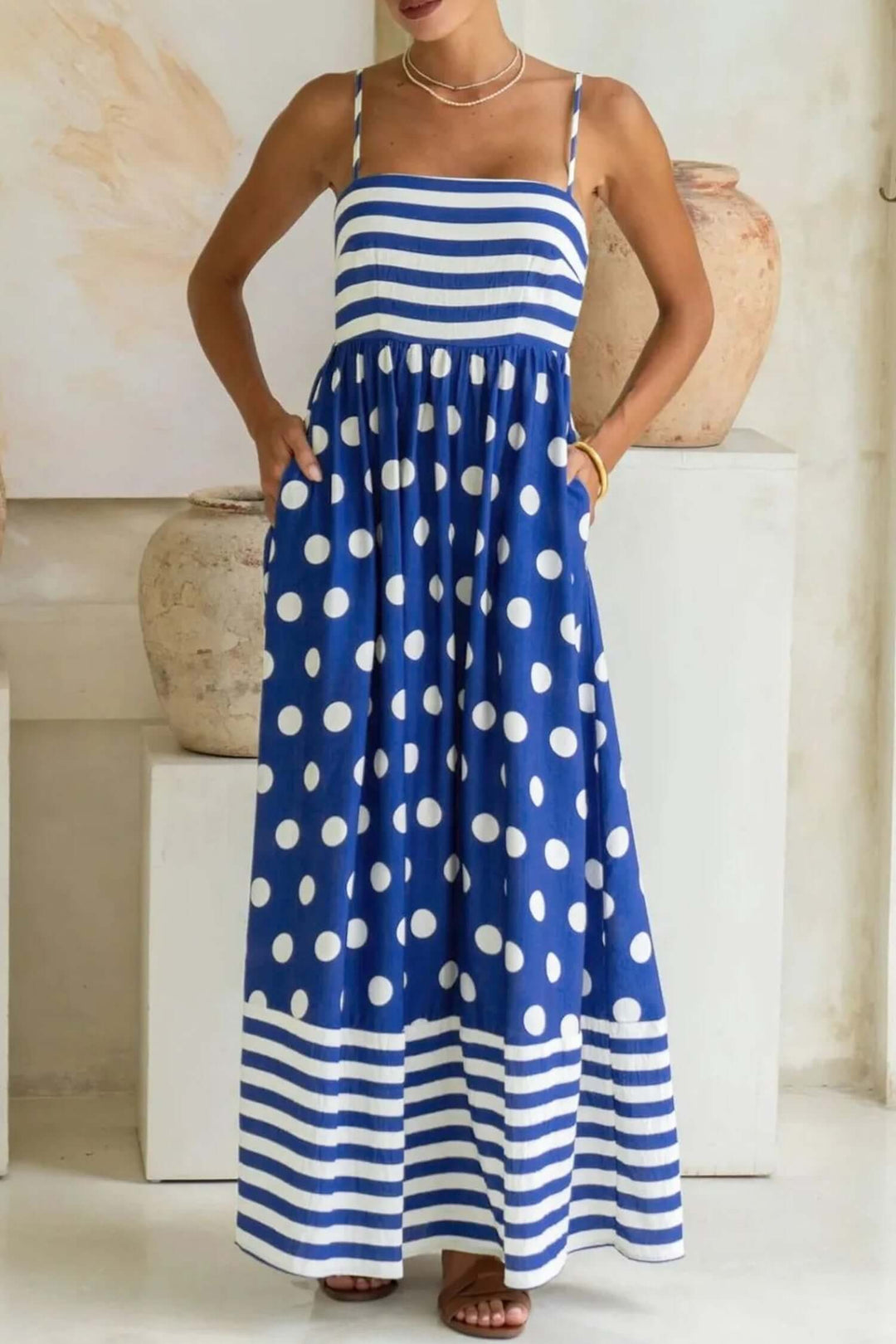 Stylish Blue Striped Polka Dot Waist Casual Maxi Dress