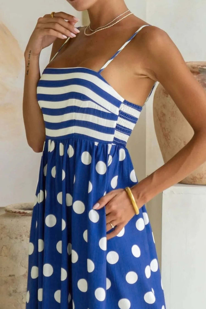 Stylish Blue Striped Polka Dot Waist Casual Maxi Dress