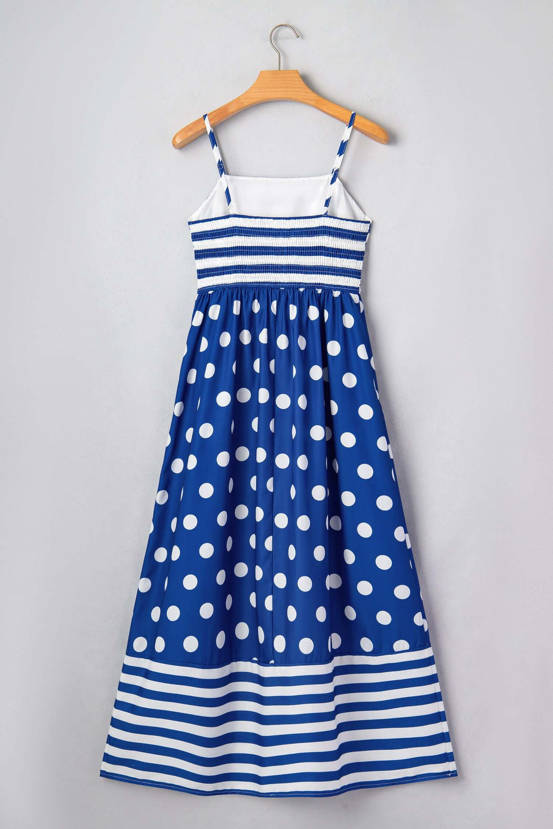 Stylish Blue Striped Polka Dot Waist Casual Maxi Dress