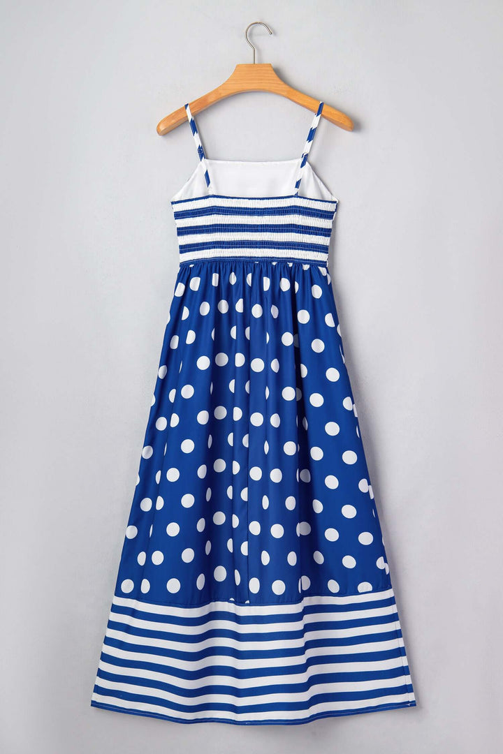 Stylish Blue Striped Polka Dot Waist Casual Maxi Dress