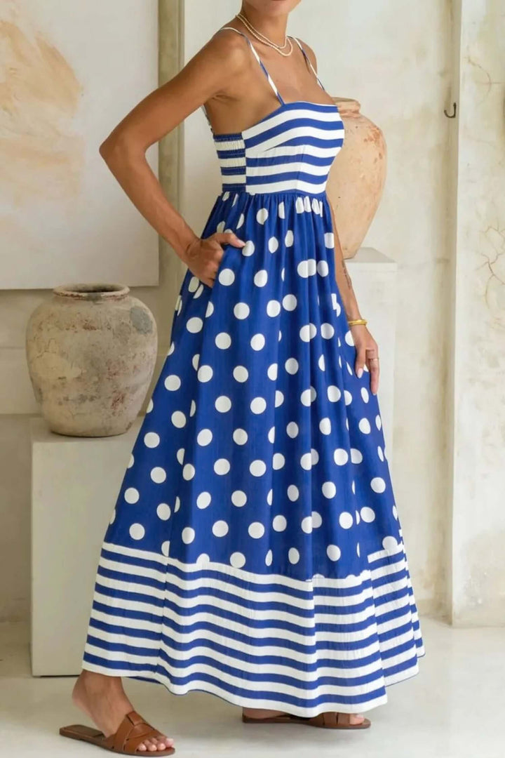 Stylish Blue Striped Polka Dot Waist Casual Maxi Dress