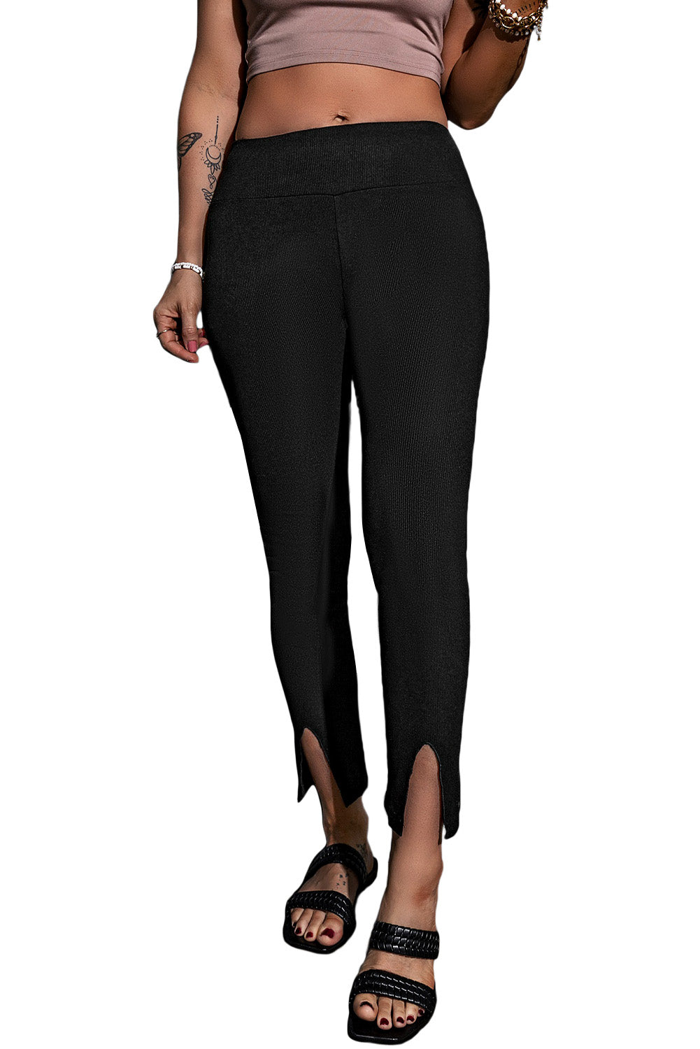 NETCLASS Women's Black Ribbed Slit Leggings - Trendyol