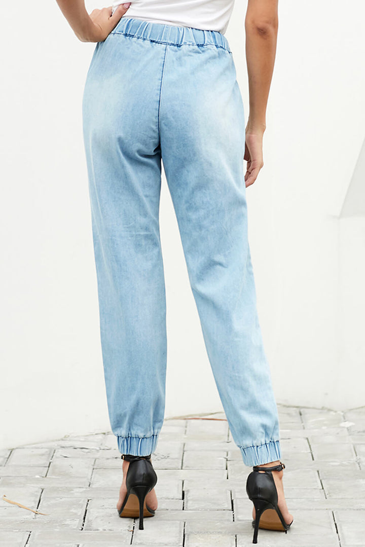 Sky Blue Distress Drawstring Pocketed Ripped Jean Joggers