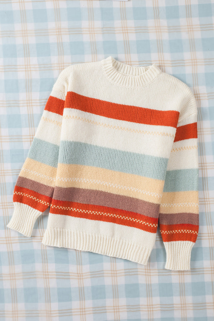 Crew Neck Drop-shoulder Striped Color Block Sweater