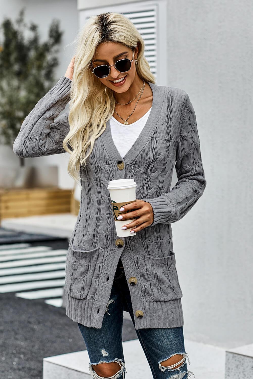 Gray Button Pocket Winter Knit Cardigan – ModeShe.com
