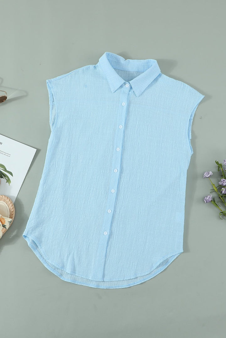Sky Blue Turn-down Collar Button Front Sleeveless Shirt