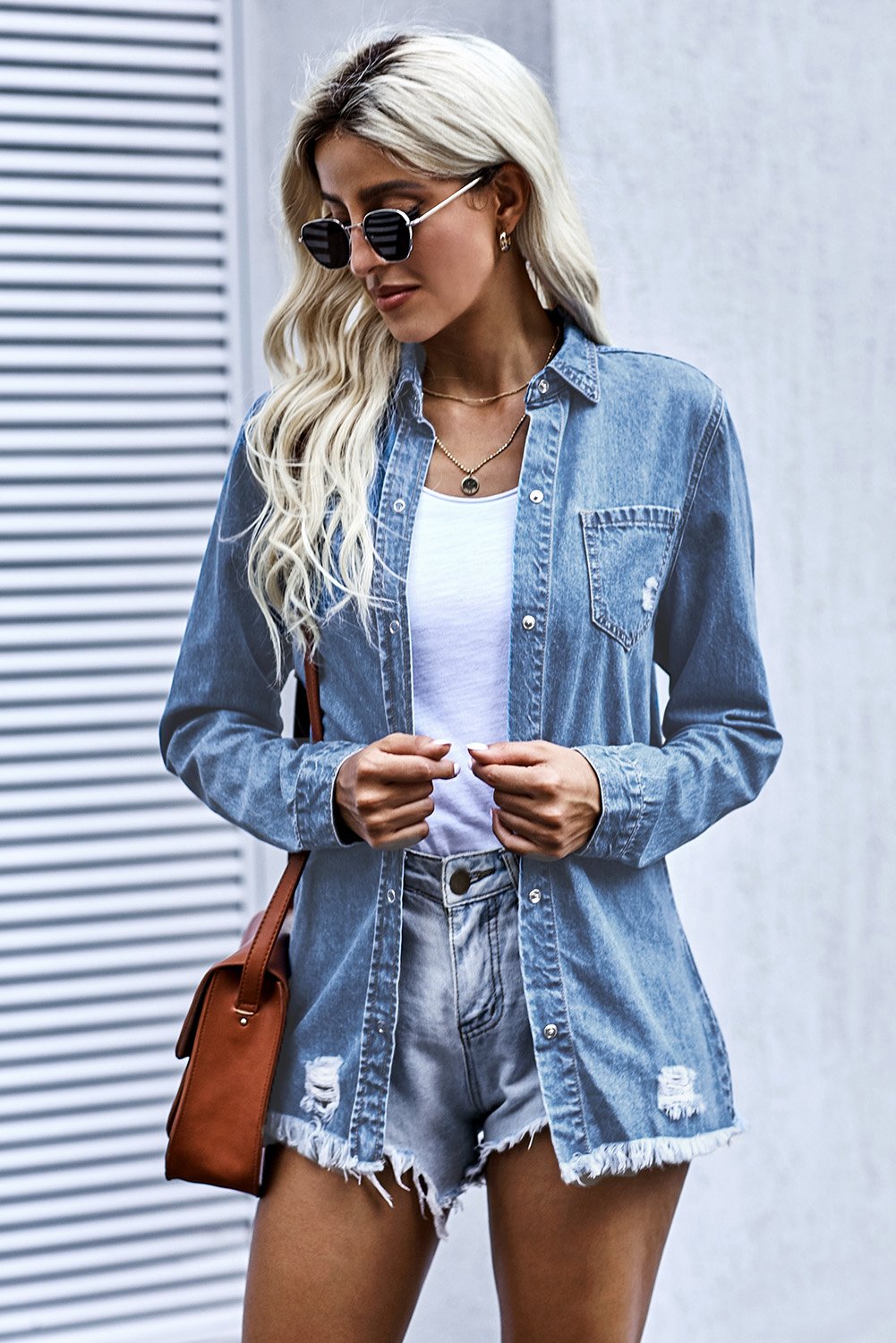 Women's Shirt Collar Ripped Denim Jacket