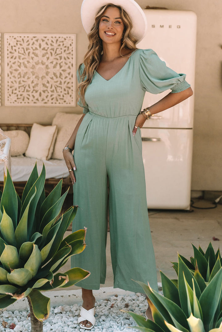 Green V Neck Puff Sleeve Hollow out Wide Leg Jumpsuit