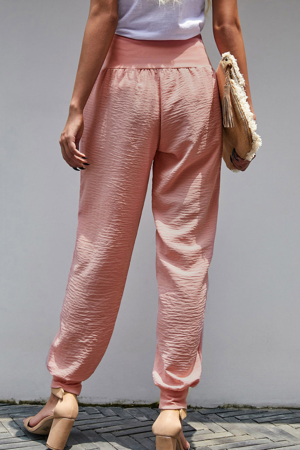 Casual Pink Pocketed Stretchy High Waistband Cotton Joggers