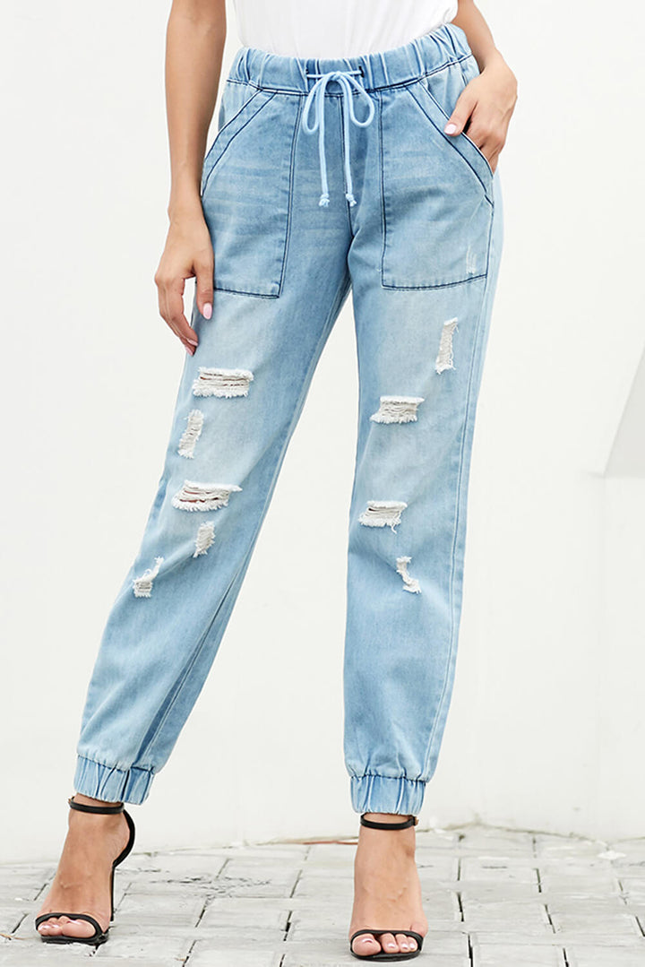 Sky Blue Distress Drawstring Pocketed Ripped Jean Joggers