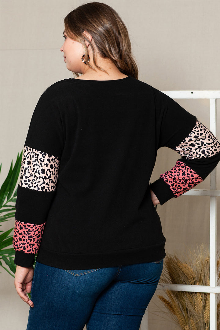 Black Plus Size Leopard Patchwork Strappy Neck Top