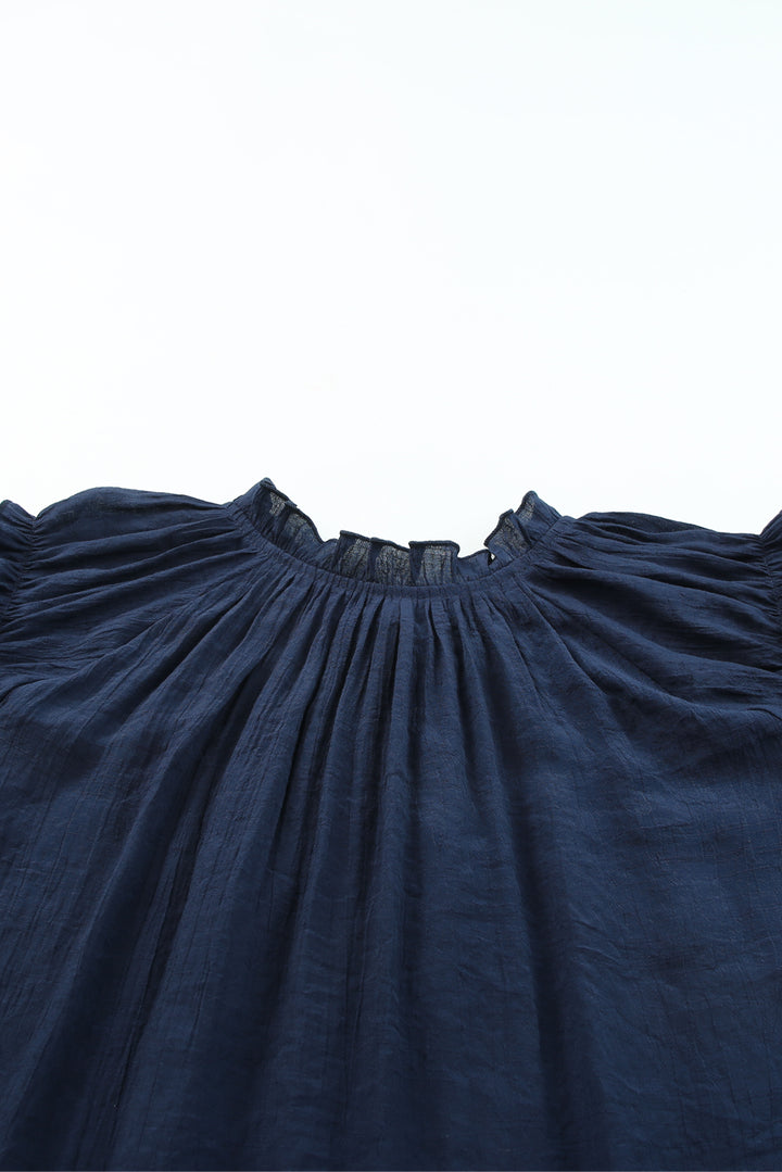 Blue Tiered Ruffled Sleeve Drawstring V Neck Plus Size Blouse