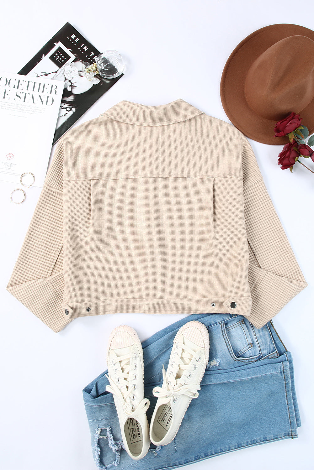 Khaki Waffle Knit Buttons Cropped Jacket with Pockets
