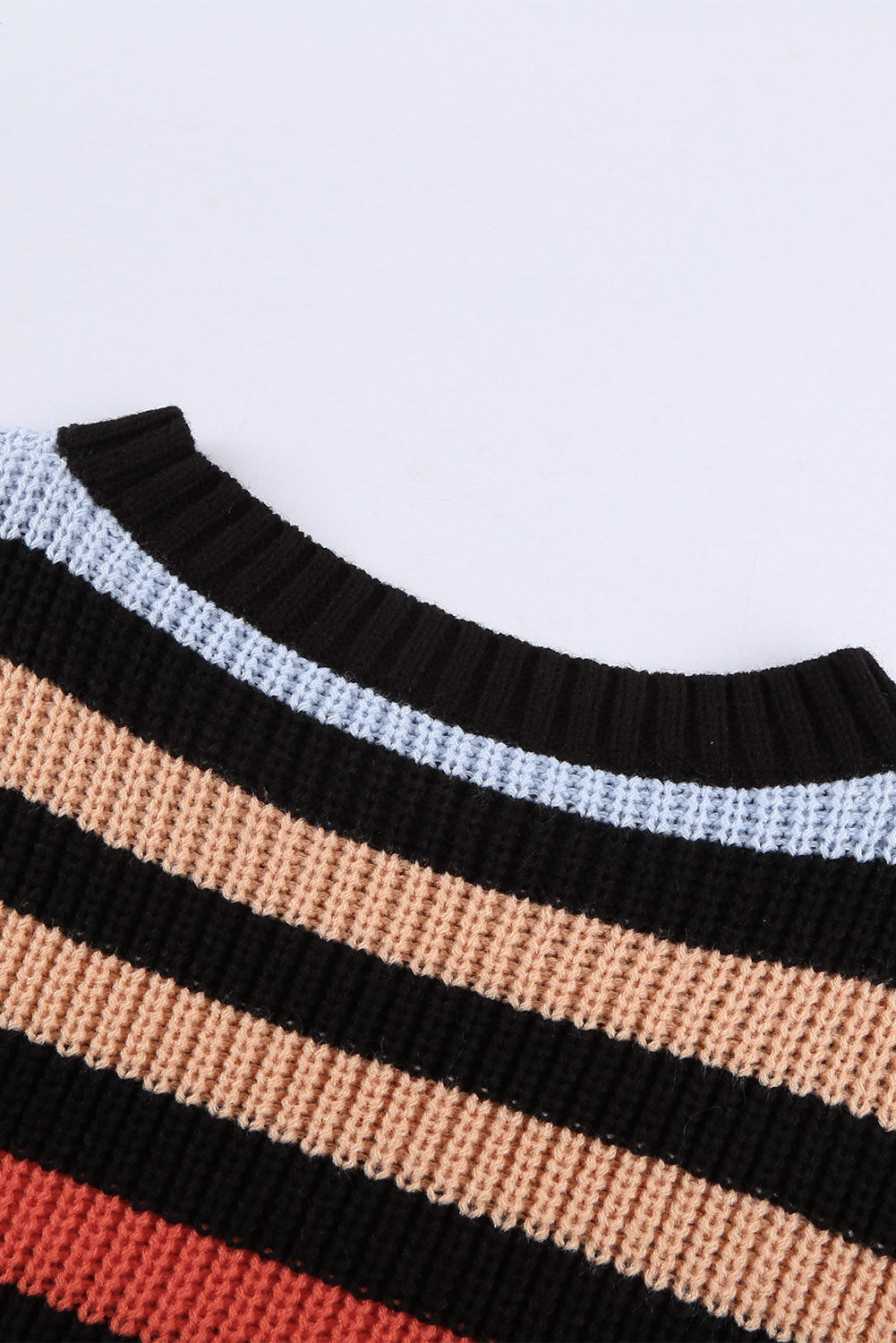Women's Black Striped O Neck Drop Shoulder Sweater