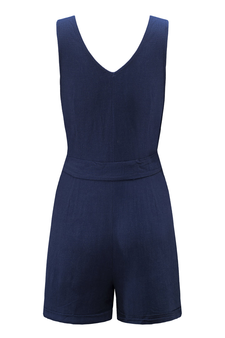 Casual Blue Button V Neck Sleeveless Romper with Belt
