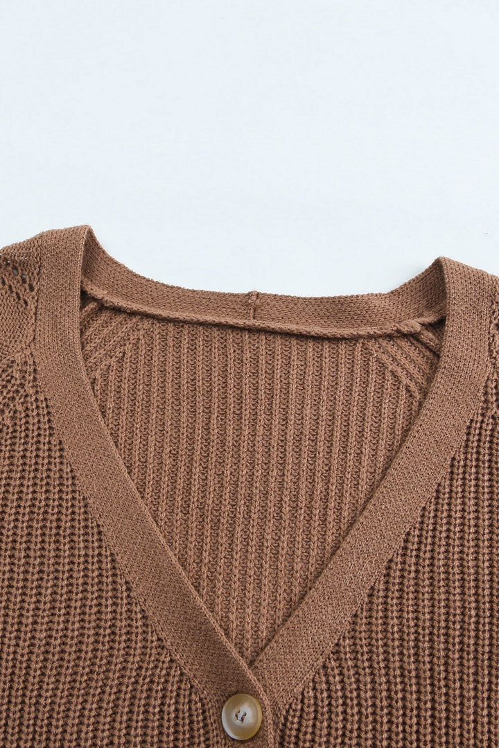 Khaki Bishop Sleeve Button V Neck Sweater