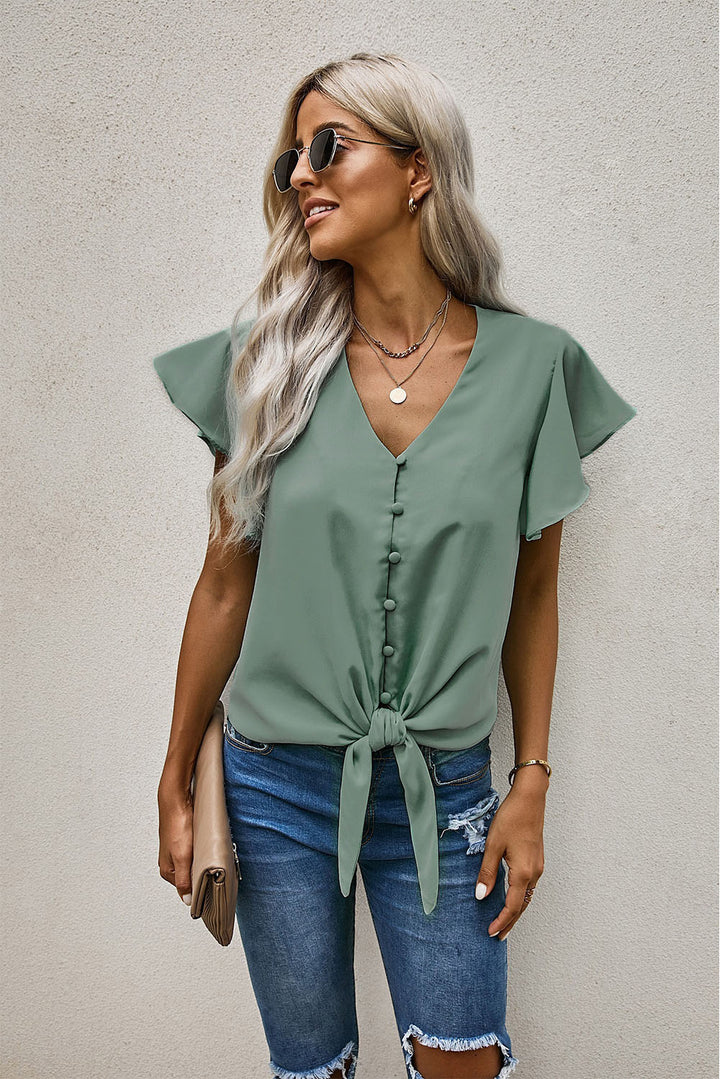Green Short Sleeve Forever Tonight Button Down Tie Top