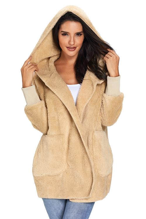 Khaki Hooded Open Front Soft Fleece Coat