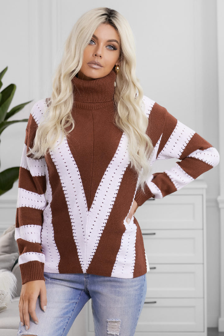 Brown White Striped Color Block Turtleneck Knitted Sweater