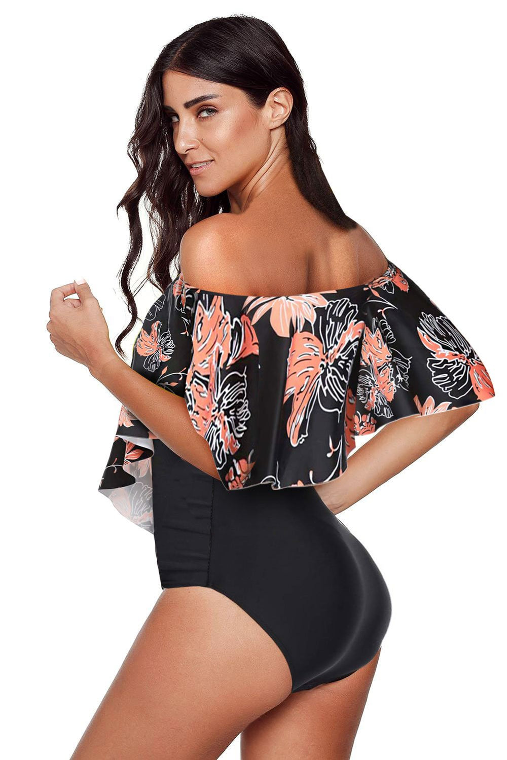 Black Floral Printed Off Shoulder Flounce Overlay One-piece Swimwear