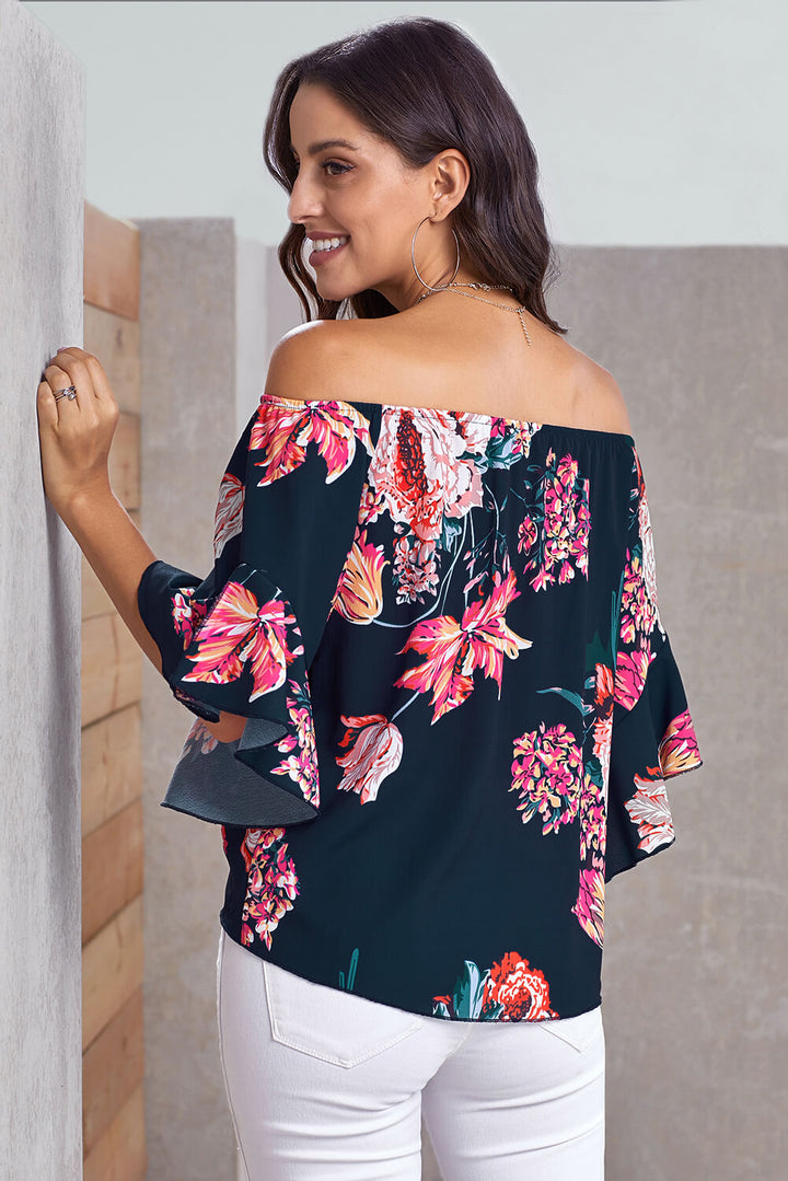 Navy Off Shoulder Floral Tie Front High Low Chiffon Blouse