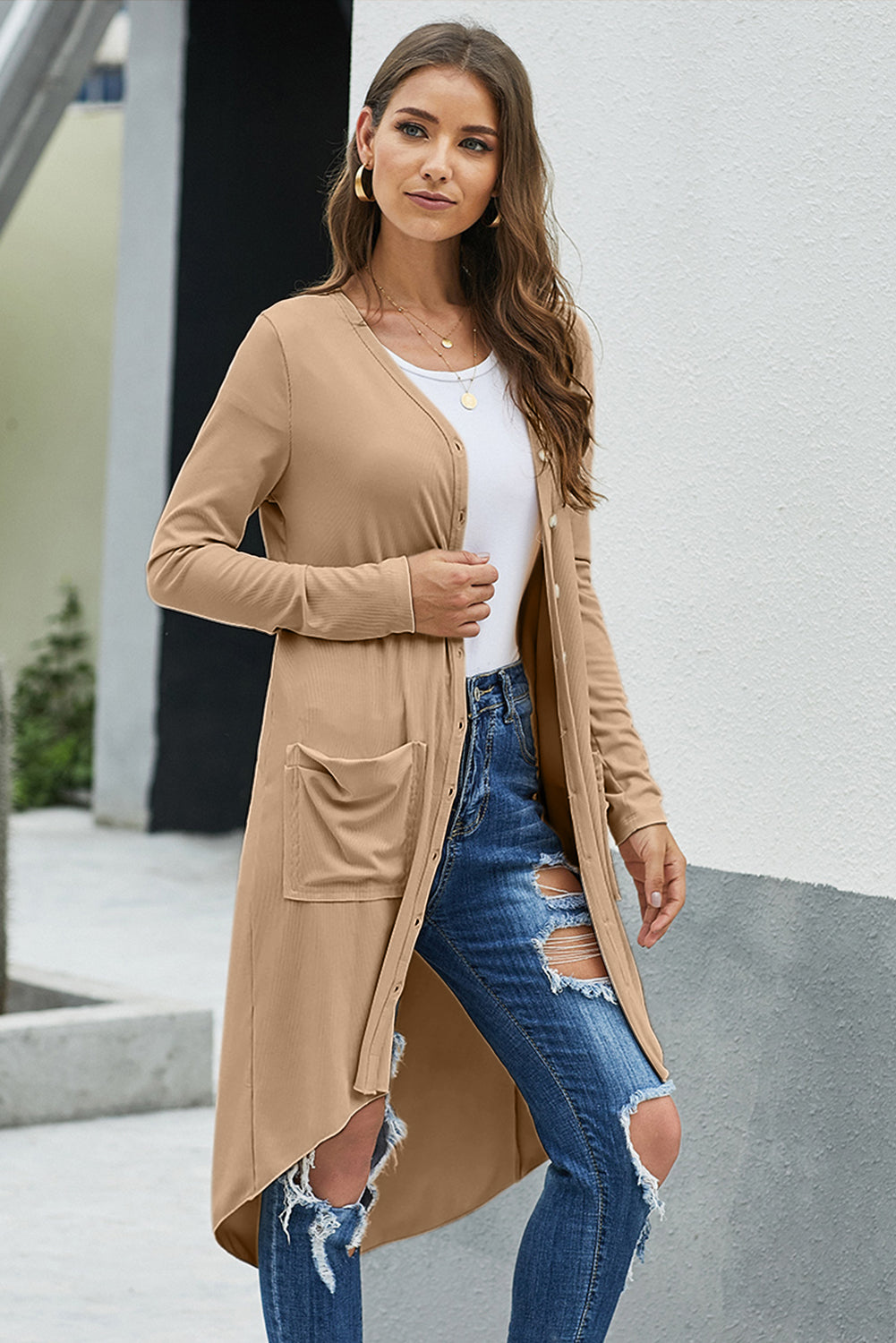 Khaki Selected Button Down Pocketed Knit High Low Long Cardigan