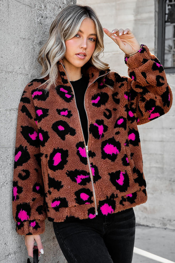 Leopard Zip Up Stand Collar Sherpa Teddy Jacket