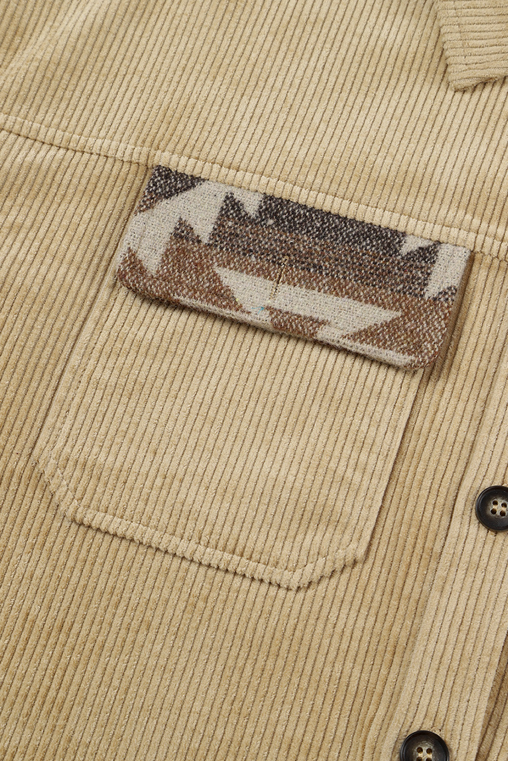 Khaki Aztec Print Patchwork Frayed Edge Corduroy Jacket