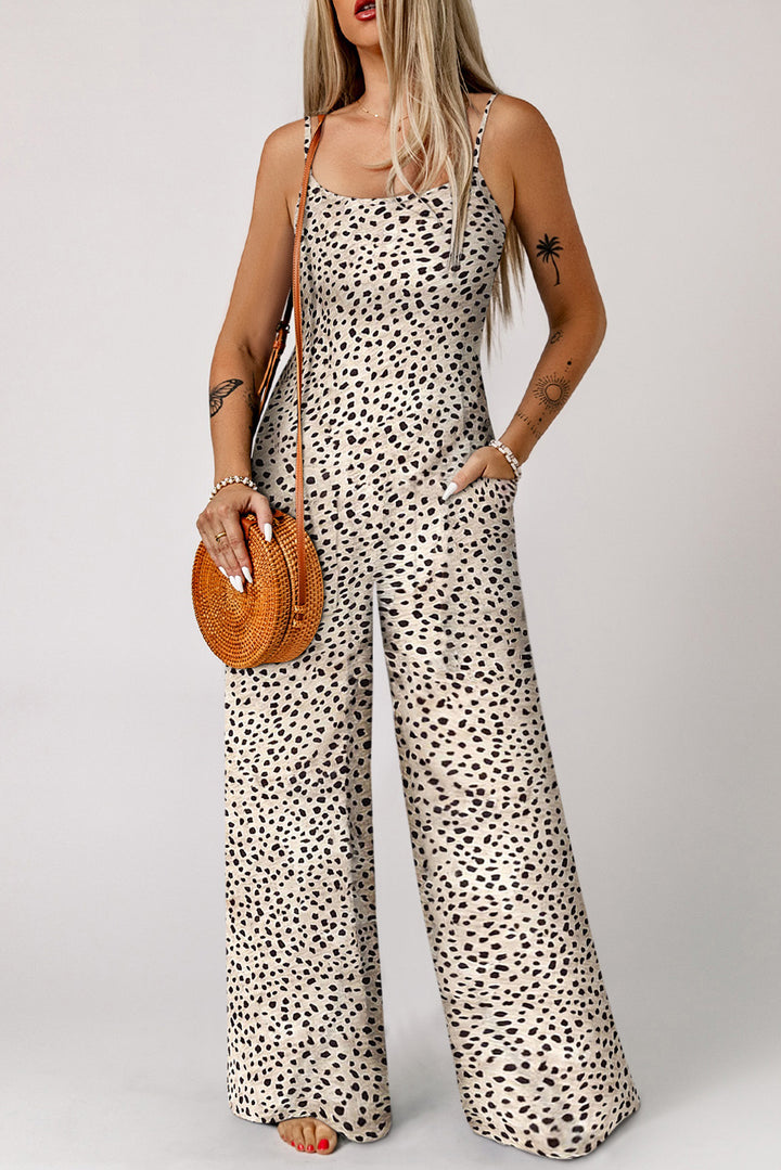 Khaki Leopard Print Wide Leg Spaghetti Straps Jumpsuit