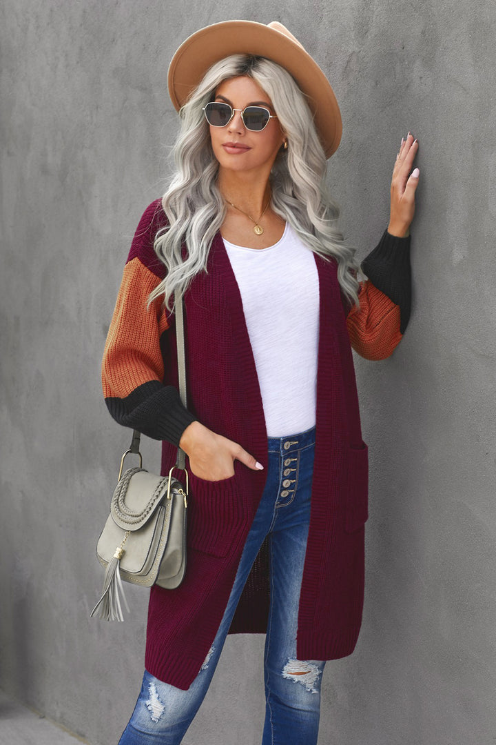 Women's Red Cotton-blend Pocketed Colorblock Cardigan