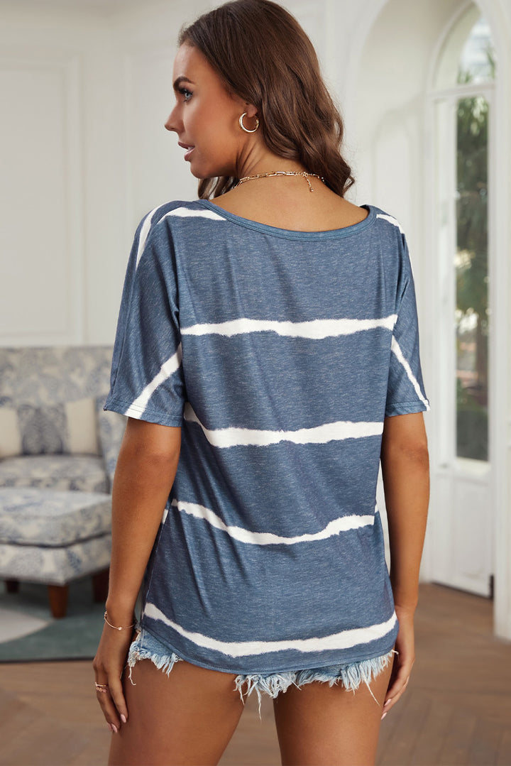 Women' Blue Tie-dye Print Short Sleeve Loose T-shirt