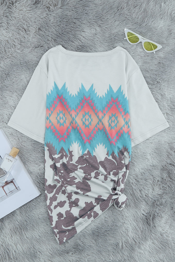 Women Multi-color Aztec Geometric Print Short Sleeve T-shirt