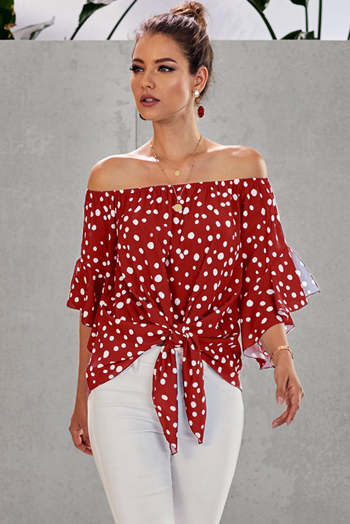 Red Polka Dot 3/4 Bell Sleeve Front Tie Knot Off Shoulder Top