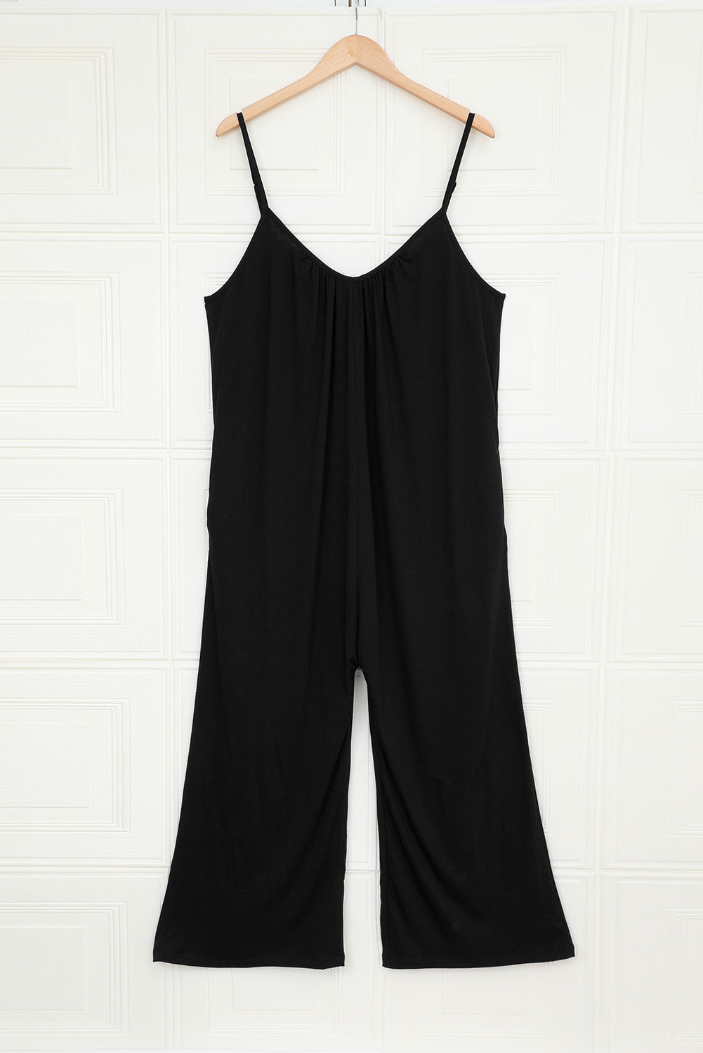 Casual Black Spaghetti Straps Wide Leg Pocketed Jumpsuits