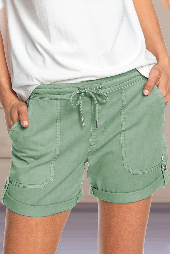 Women's Greeen Elastic Waistband Pocket Drawstring Shorts with Button