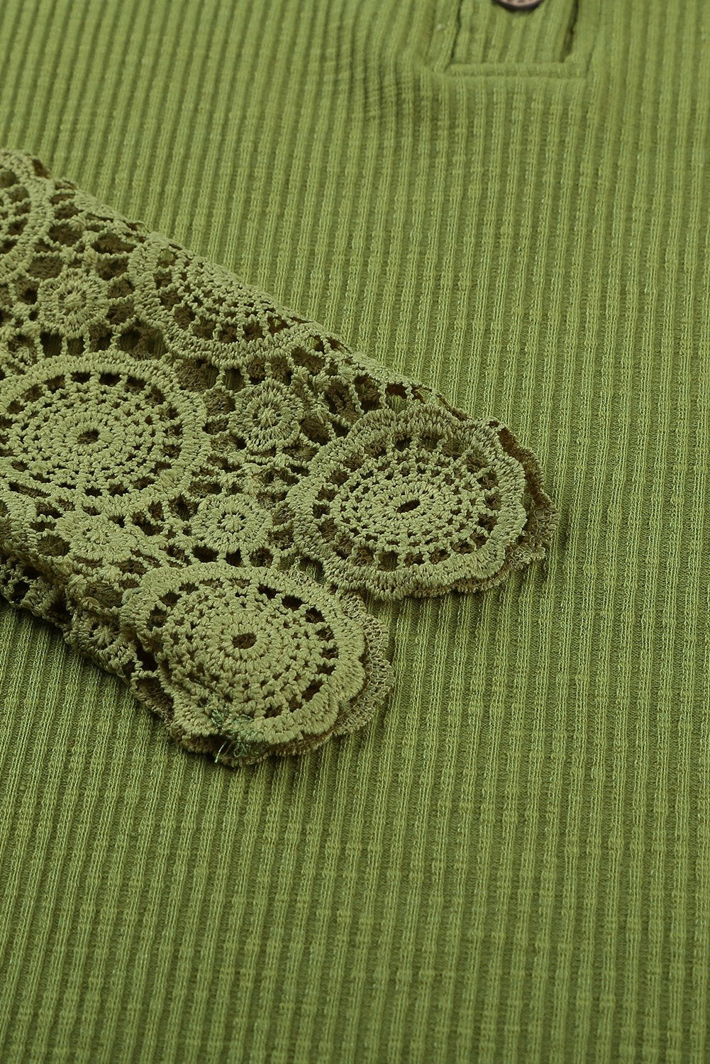 Women's Green Crochet Lace Hem Sleeve Button Casual Top