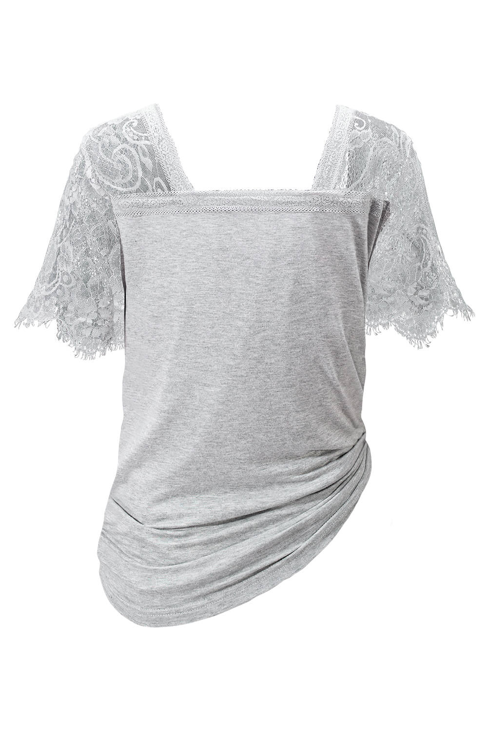Gray Sweet Side Lace Short Sleeve Deep V Neck T-shirt
