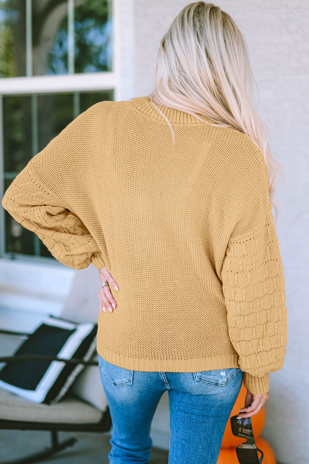 Khaki Hollowed Bubble Sleeve Knit Sweater