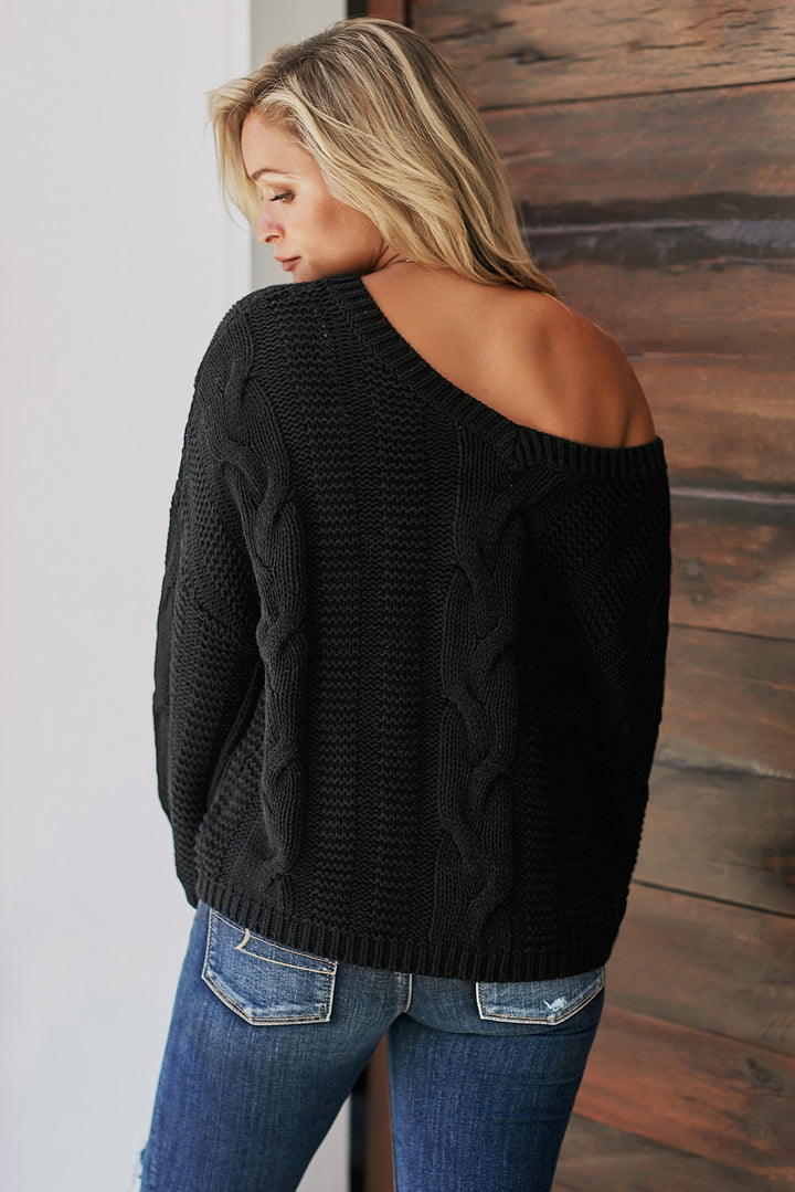 Winter Black Bubblegum V-Neck Braided Knit Sweater