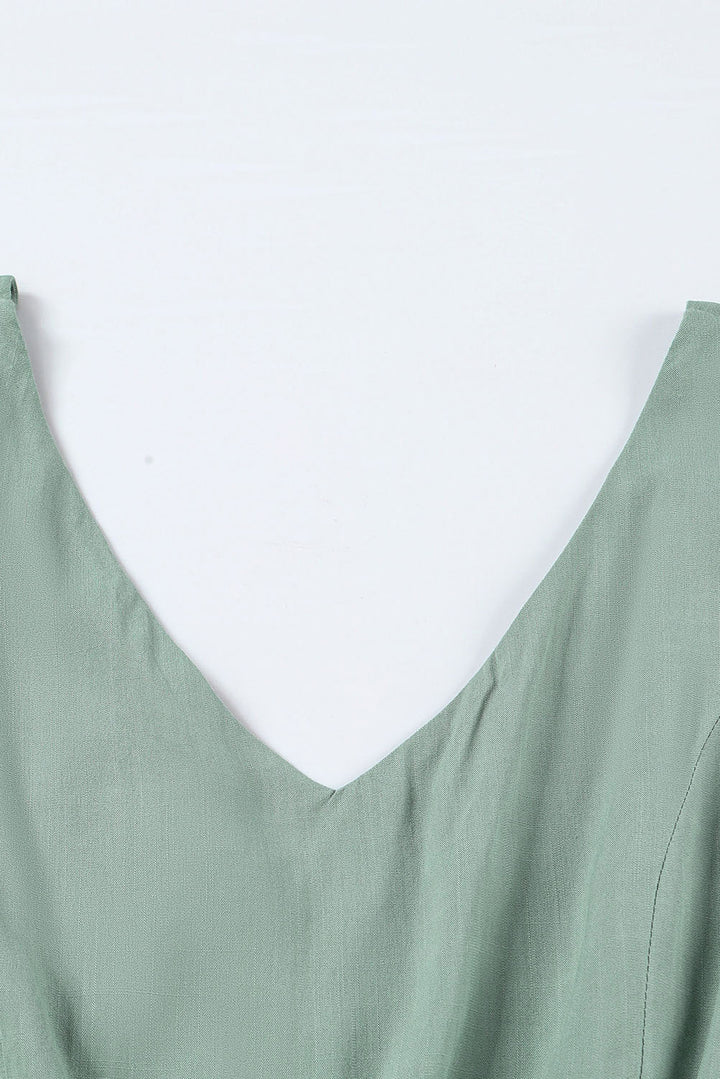 Green V Neck Puff Sleeve Hollow out Wide Leg Jumpsuit